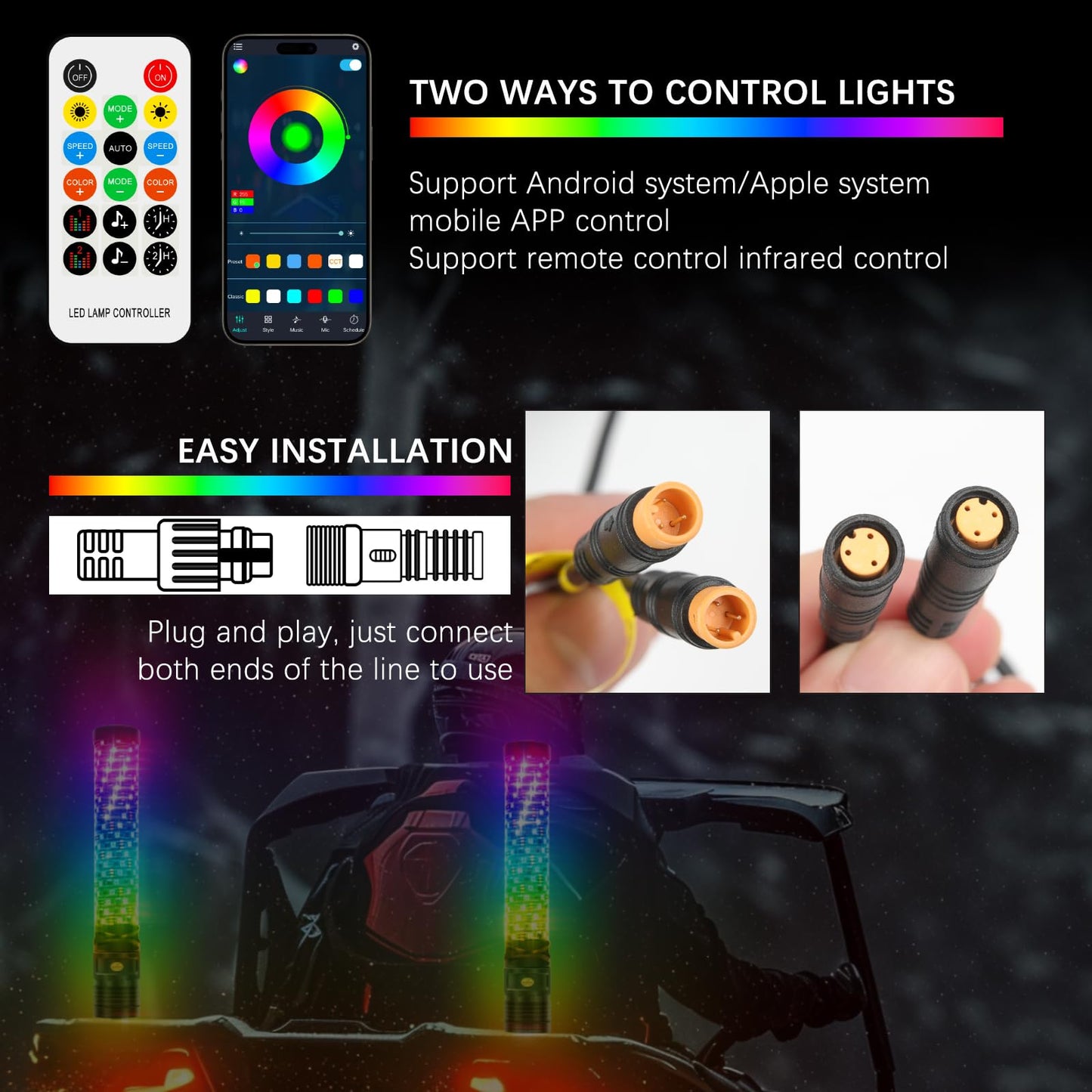 DREAMOTOR Whip Lights, 2Pcs 3FT Fat Spiral RGB LED Whip Lights for Side by Side with Wireless Remote and APP Control, RGB Chasing Lighted Antenna Whips for UTV ATV Truck Polaris Dune Buggy RZR Can-Am