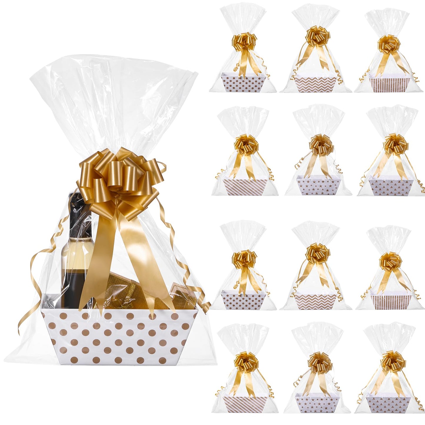 Canlierr 50 Pcs Basket for Gifts Empty Include 12 Pcs 8" x 6" x 3" Basket Empty to Fill with Handles 18 Pull Bows and 20 Clear Plastic Bags for Wedding Birthday Party Gift Wrapping(Golden)