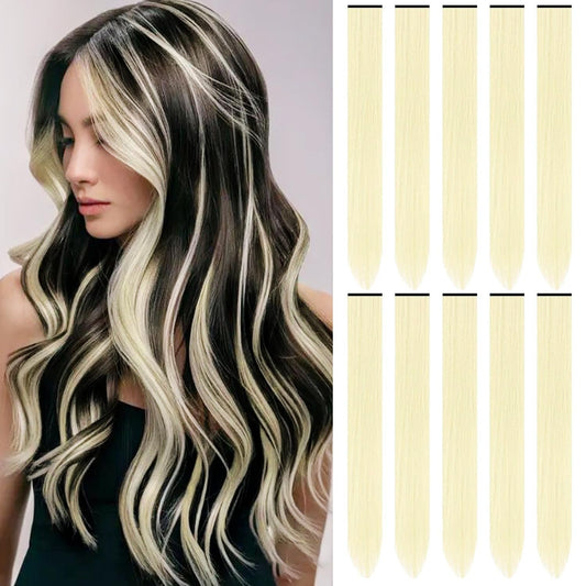 TOFAFA 22 inch Colored Hair Extensions, Multi-colors Party Highlights Clip in Synthetic Hair Extensions, Color Party Highlights Hairpieces for Girls Women(10 PCS Blonde)