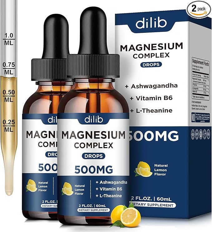 (2 Pack) Magnesium Glycinate, Citrate, Malate Liquid Drops-Triple Magnesium Complex Supplement 500mg with Ashwagandha, L-Theanine, Vitamin B6-Support Calm, Stress Relief, Sleep, Muscle-Lemon Flavor