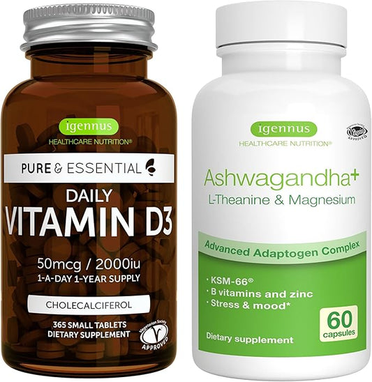 Daily Vitamin D3 + Ashwagandha+ L-Theanine & Magnesium Vegetarian Bundle, 365 2000iu Vitamin D3 Tablets + 600mg KSM-66 Ashwagandha with Zinc & B Vitamins, by Igennus