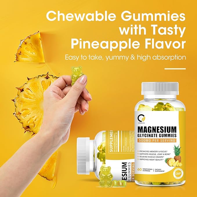 (1 Pack) Magnesium Glycinate Gummies, High-Absorption Magnesium Supplement with Calcium & Vitamins, Support Bone, Muscle, Night, Memory & Mood, Vegan, Non-GMO, 60 Counts, Pineapple Flavor