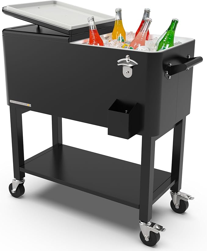 Permasteel 80-Qt Large Outdoor Patio Cooler with Wheels & Handles, Portable Rolling Ice Cooler Cart with Detachable Basin, Stand & Bottom Storage Shelf for Outdoor Entertaining, Black