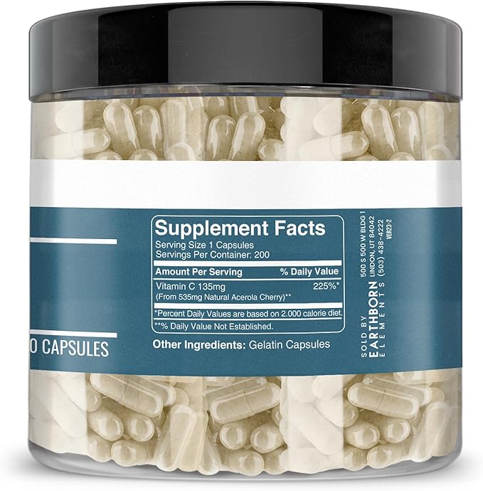 Earthborn Elements Acerola Cherry 200 Capsules, Pure & Undiluted, No Additives