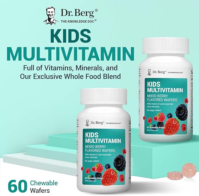 Dr. Berg Kids Chewable Multivitamins (NOT Sweetened w/Sugar) - Daily Multivitamin for Kids That Includes 20 Nutrients & Trace Mineral Complex - Mixed Berry Chewable Vitamins for Kid - Red Wafers