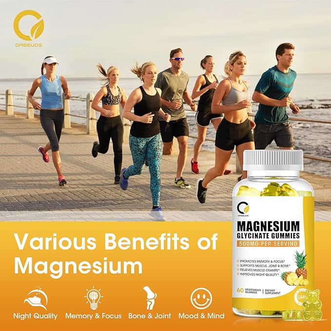 (1 Pack) Magnesium Glycinate Gummies, High-Absorption Magnesium Supplement with Calcium & Vitamins, Support Bone, Muscle, Night, Memory & Mood, Vegan, Non-GMO, 60 Counts, Pineapple Flavor