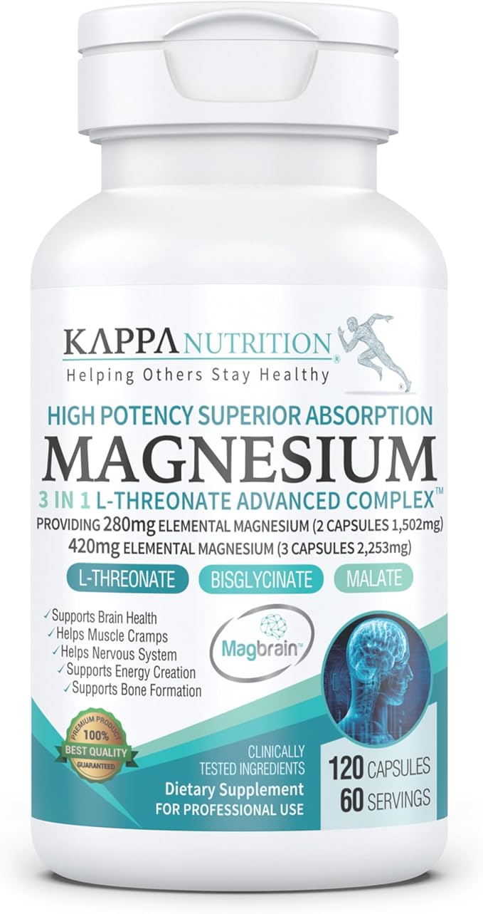 (120 Capsules), 2,253mg Per Serving, Providing 420mg Elemental Magnesium, L-Threonate, Bisglycinate Chelate, Malate, from Kappa Nutrition.