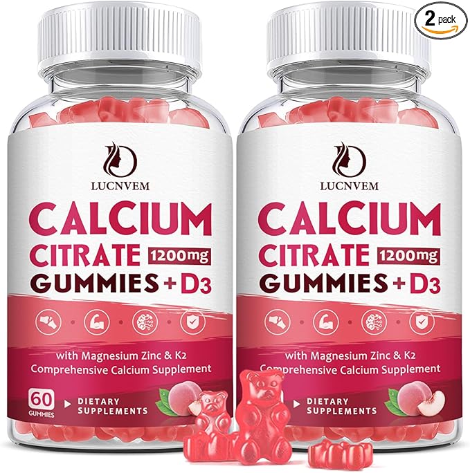 (2 Pack) Calcium Citrate 1200mg with Vitamin D3 Supplements Gummies for Women & Men, Calcium Gummies with Vitamin D3 K2, High Absorption for Bone Muscle Healthy- Peach Flavor- 60 Day Supply