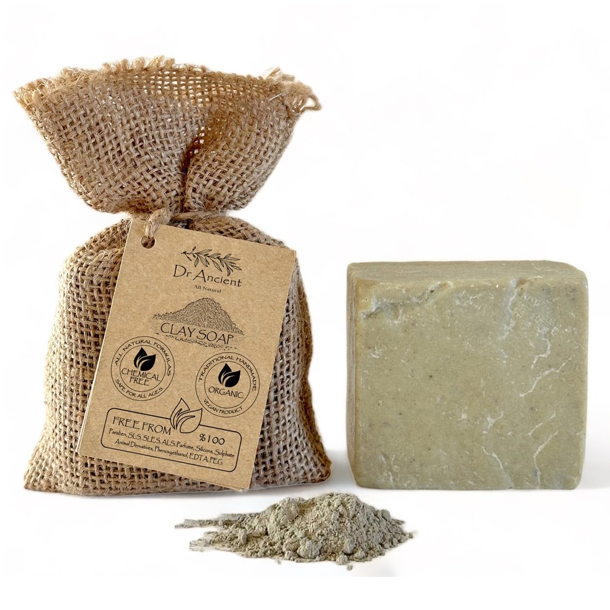 Dr.Ancient Clay Soap Bar Organic Natural Vegan Traditional Handmade Antique - Mineral Peeling, Exfoliating, Pore Minimizer, Trea