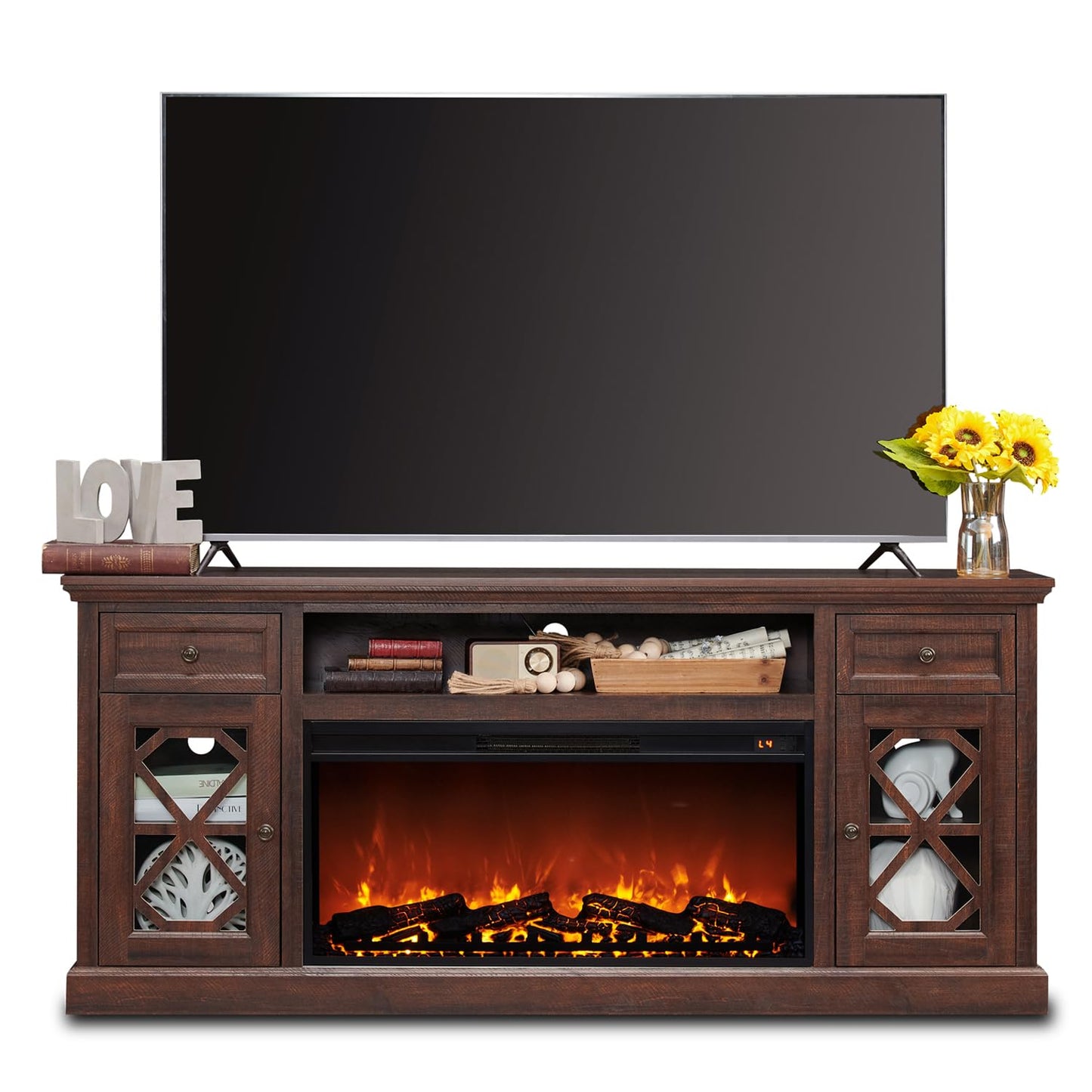 Farmhouse Electric Fireplace TV Stand for 80 Inch TVs, 31" Tall Highboy Entertainment Center w/36 Large Electric Fireplace & 2 Drawer, Diamond Panel Door for Living Room, 70inch, Brown
