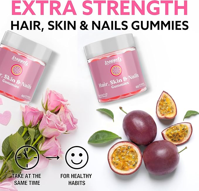 Droppels Hair, Skin and Nails Vitamins Gummies with Biotin 10,000mcg, Vitamin A, Vitamin C, Vitamin E, B6 & B12 | Vegan & Pectin-Based Biotin Gummies, Passion Fruit Rose Flavor, 60 Count