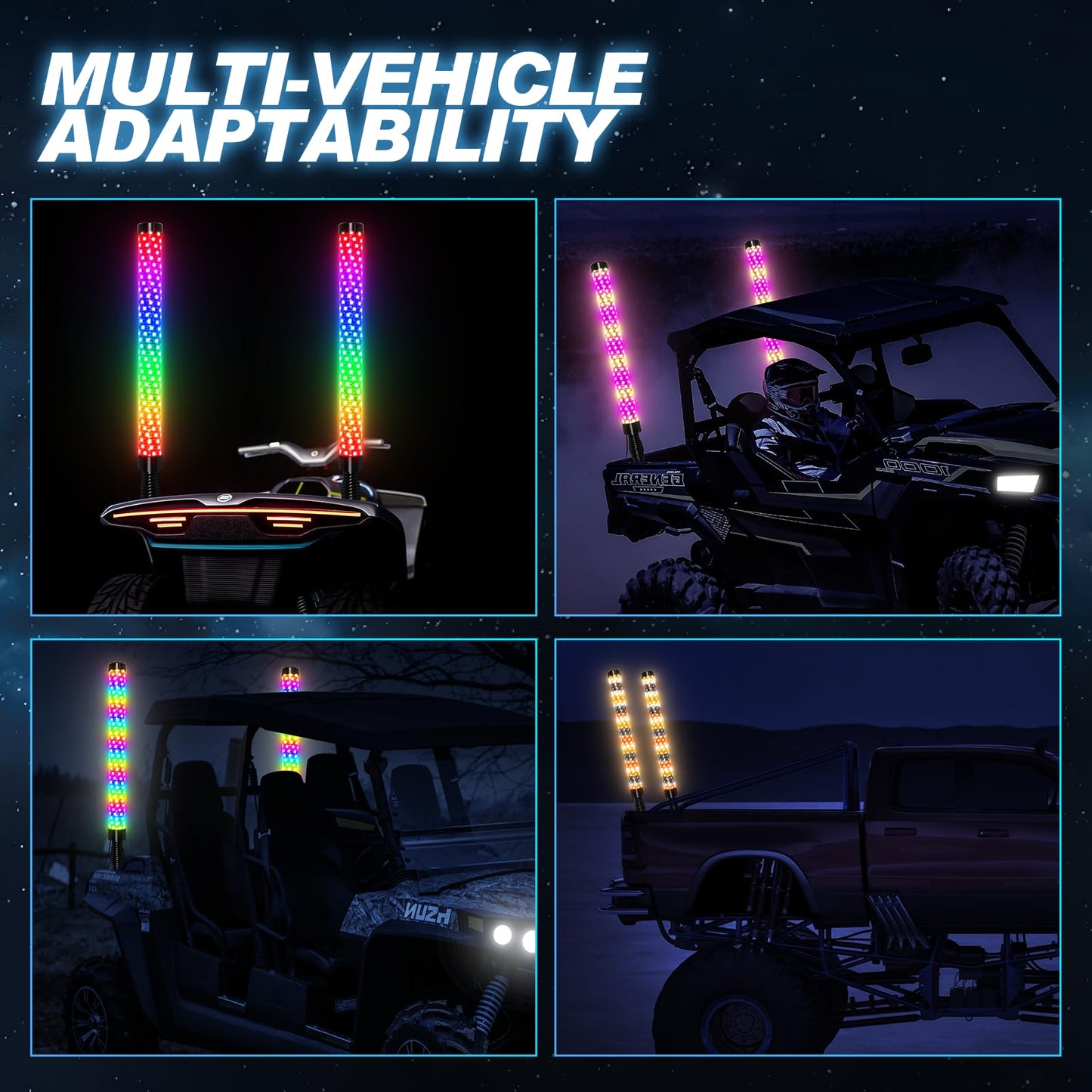 Elesovu 2PCS 3FT Fat LED Lights with Spring Base, RGB Chasing Lighted Antenna Whips with App & Remote Control, Music Lights for UTV ATV Can-Am Truck