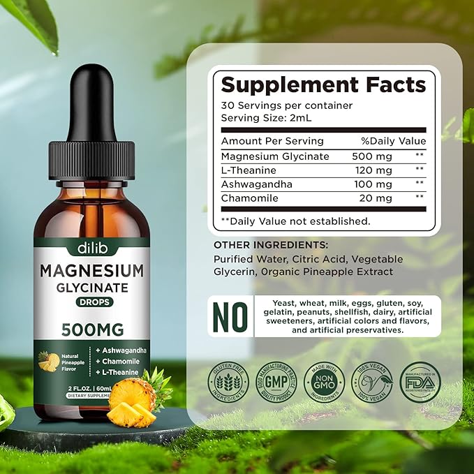 (2 Pack) Magnesium Glycinate Supplement, Magnesium Liquid Drops with Magnesium Glycinate 500mg Ashwagandha, L - Theanine, Chamomile -Supports Optimal Calm Sleep Vegan