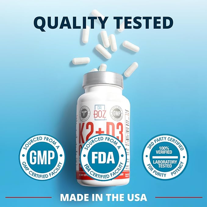 Dr. Boz - K2+D3 Capsules, 66 Servings - Vitamin D3 K2 Supplement with BioPerine - Bone & Heart Health - Enhanced Absorption - Quality Tested - Made in The USA - 5000iu (D3) - 400iu (K2) - Self Care