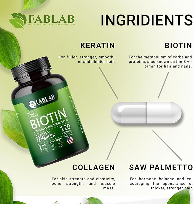 FabLab Biotin 10000 mcg Vitamins with Collagen, Keratin & Saw Palmetto for Women and Men - Biotin Hair Skin Nails Supplement for Hair, Skin, and Nails Wellness - Made in USA, 120 Capsules