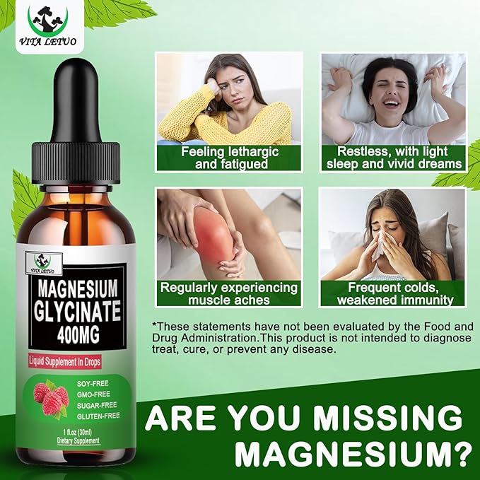 (2 Pack) Magnesium Glycinate Liquid Drops,6X High Absorption Liquid Magnesium Supplement for Bone,Sleep,Leg Cramps & Immune Support,Pure Magnesium Glycinate 400mg for Women Men,Vegan,Non-GMO