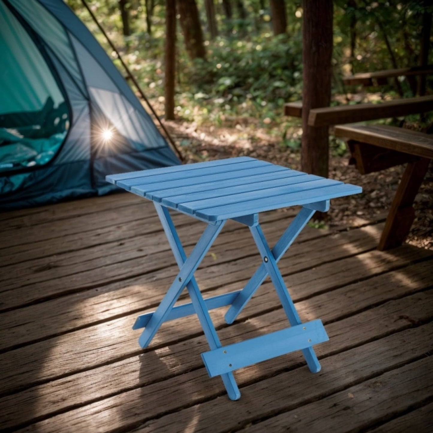 Folding Square Patio Table Outdoor Solid Wood Table For Backyard Balcony Portable Design Space Saving Blue Color Durable Weather Resistant Easy Setup Versatile Use