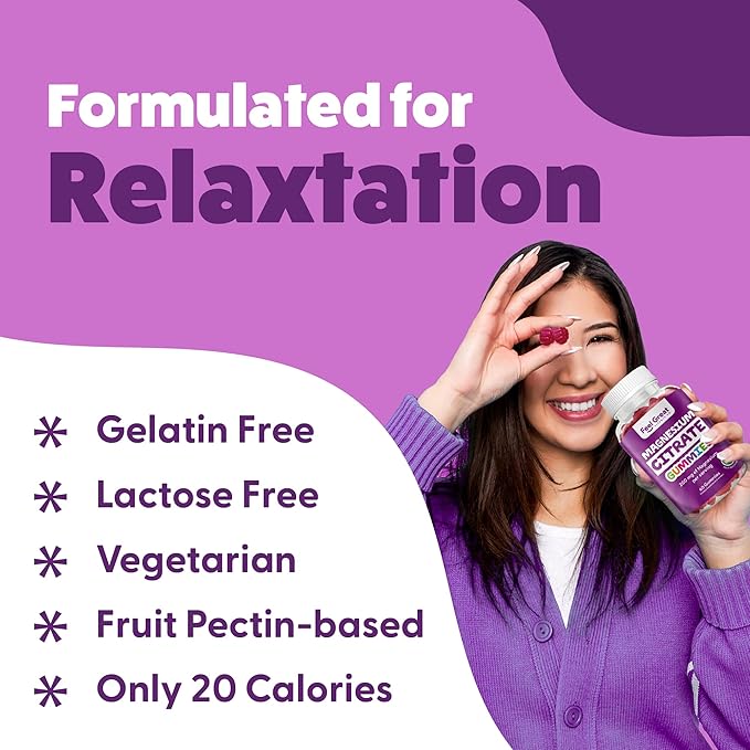 Feel Great Vitamins Magnesium Citrate Gummies - High Absorption for Muscle Relaxation, Calm & Sleep Support, Aids Occasional Constipation, Vegan, Non-GMO, 200mg Per Serving - 60 Gummies