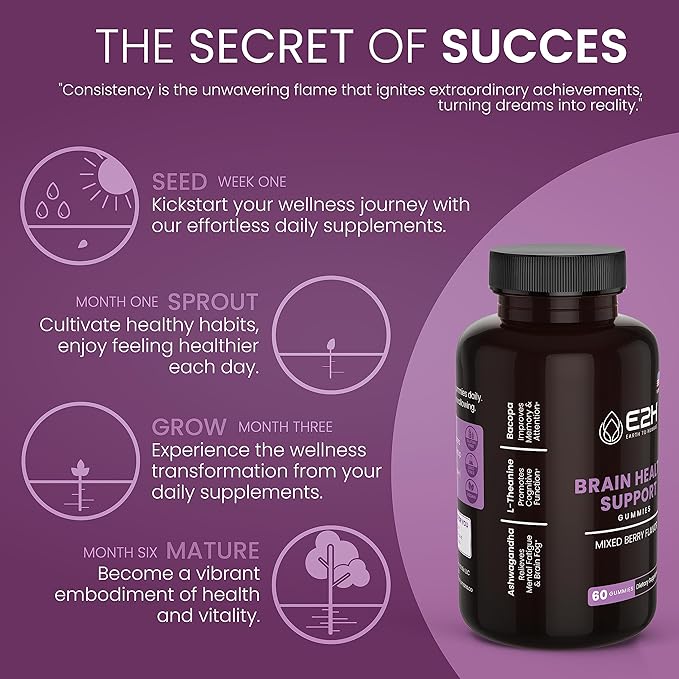 E2H Focus Support Gummies - 60 Count - Gelatin-Free, Gluten-Free, Vegan & Non-GMO