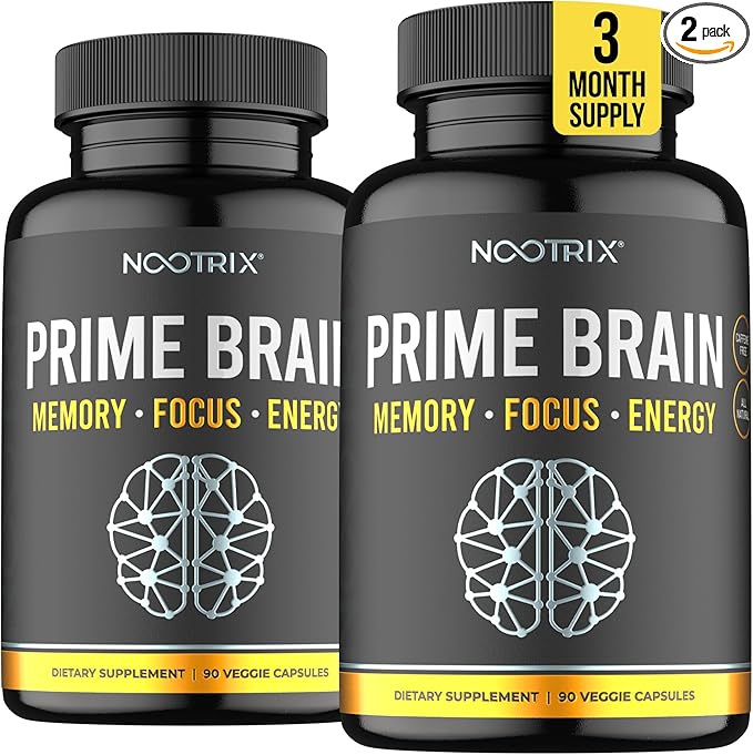 Prime Brain Nootropic Supplement | Supports Memory, Mental Focus, Cognitive Health & Energy | Promotes Healthy Mood & Brain Function | Ginkgo Biloba, Lion's Mane & L Theanine | 180 Capsules