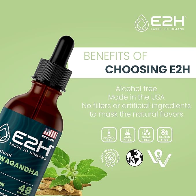 E2H Ashwagandha Liquid Drops - All-Natural Ashwagandha Supplement for Stress Relief and Mood Enhancer- Organic Ashwagandha Root Extract Effective Cortisol Manager | Non-GMO, Vegan | 2 Fl Oz