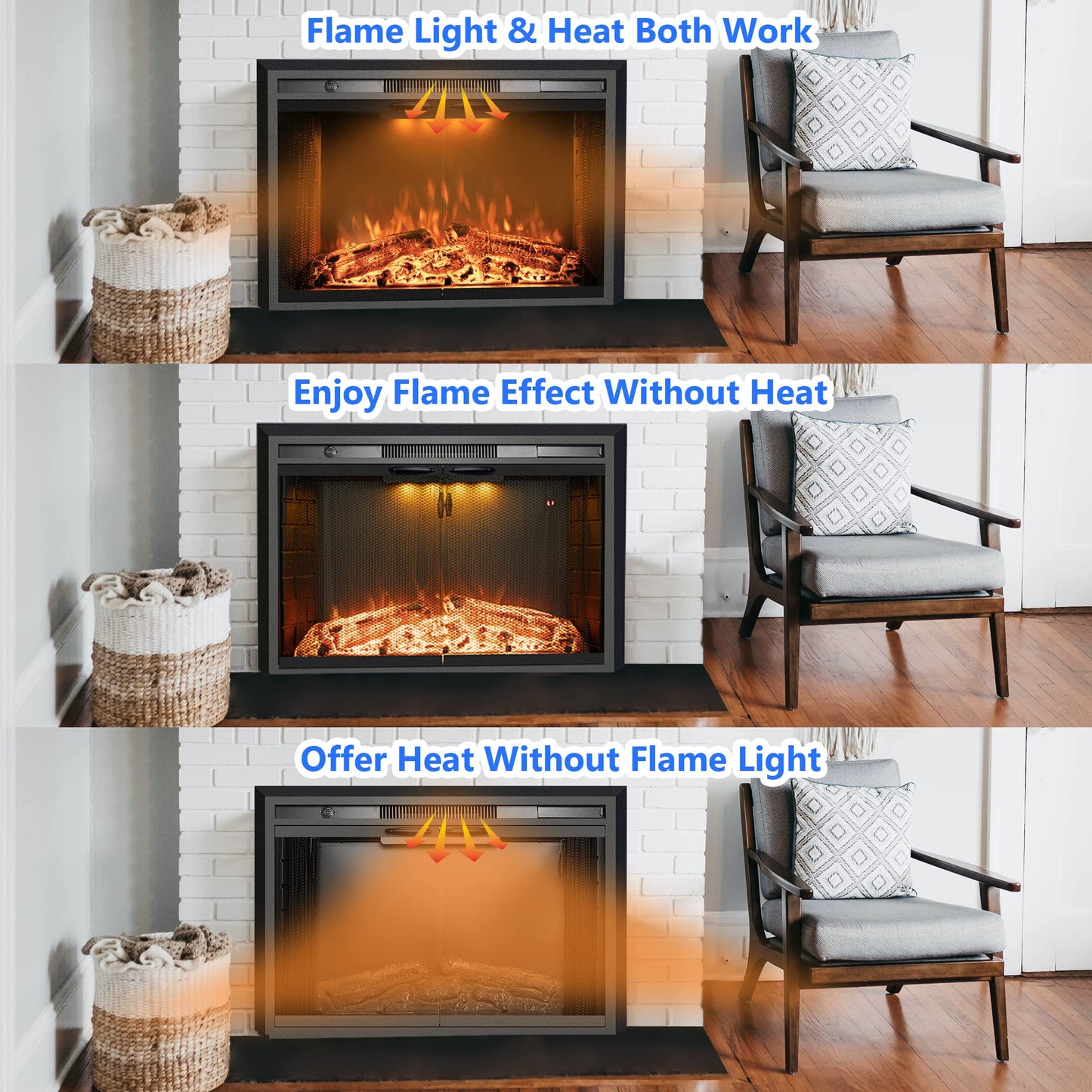 Velaychimney 33 Inches Electric Fireplace Insert, 750W/1500W Fireplace Heater with Adjustable Flame and Top Light Colors, Fire Crackling Sound, Remote Control, Timer, Glass Door & Mesh Screen, Black