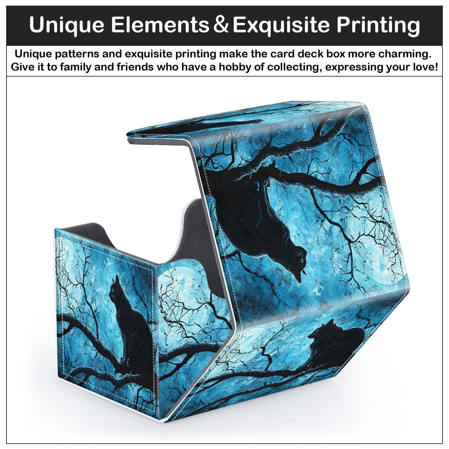 CAPAUNVDA Card Deck Box for MTG Trading Cards with Magnetic Closure,Premium Card Storage Box Case Cover for TCG CCG Magic Cards,Black Cat on Tree