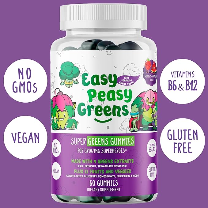 EasyPeasyGreens Daily Veggie Gummies for Kids - 60 Greens Gummies - Helps Picky Eaters Get Their Veggies in - Made with 10 Real Vegetable Extracts and 100% Vegan