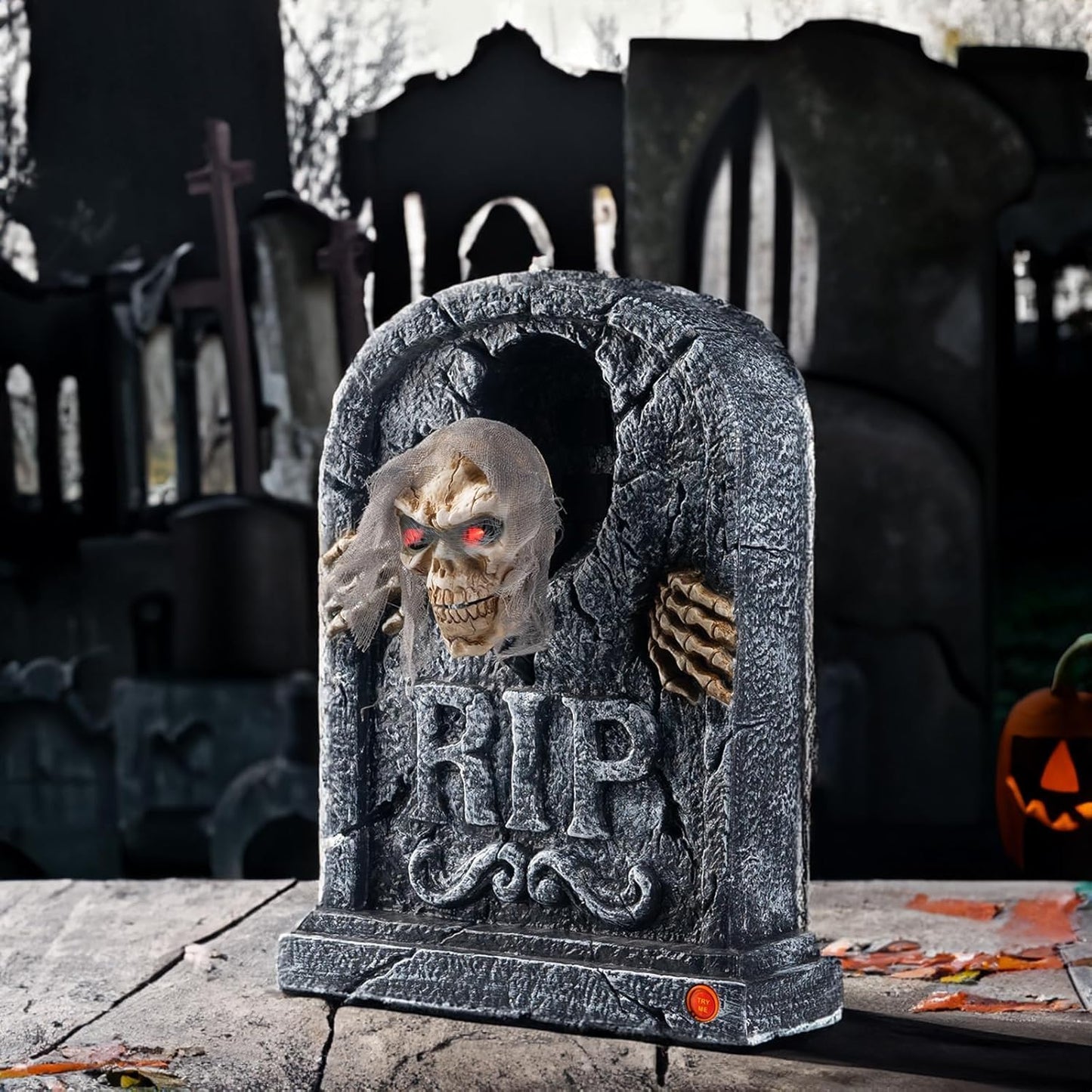 Candieslife Halloween Animatronics Zombie Tombstone - LED Gravestone Decorations with Skeleton Skull, Light Up Eyes, Motion Activated, Creepy Voice, Scary Motion Haunted Horror Prop for Indoor/Outdoor