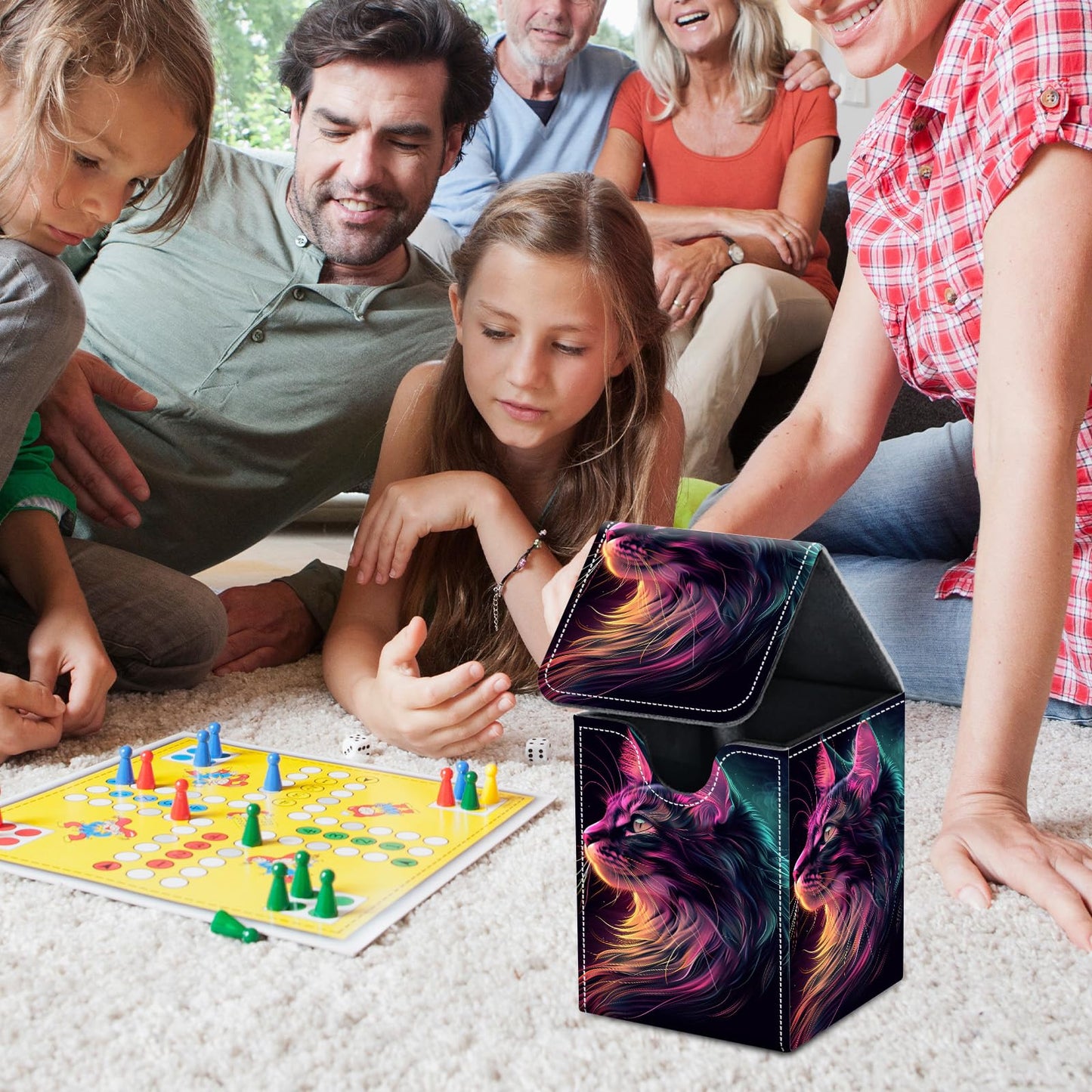 Card Deck Box for MTG Trading Cards, Magic Card Box Can Hold 110+ Single Sleeved Cards, Waterproof PU Leather Material, Strong Magnetic Buckle Card Set Box Suitable for TCG CCG, Neon Colored Cat