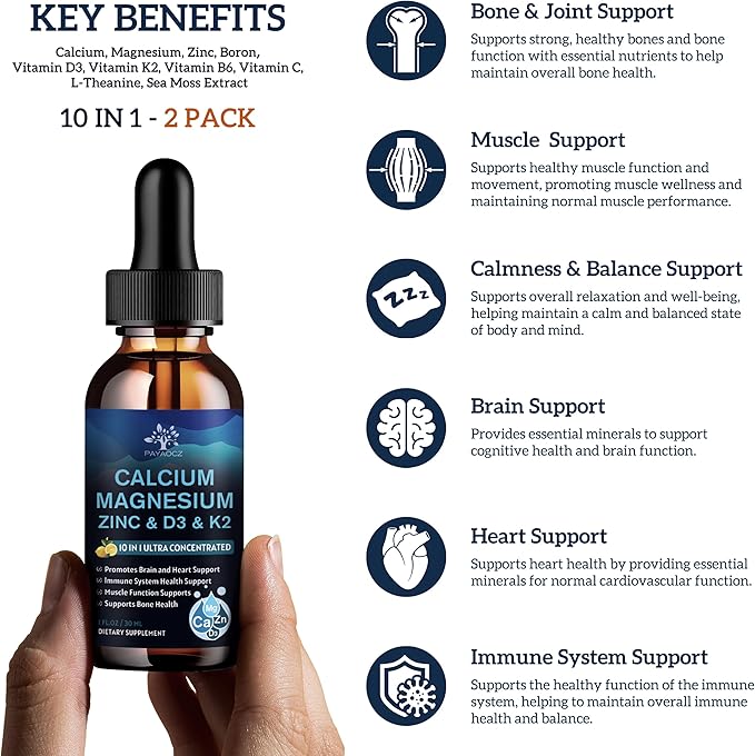 (2 Pack) 10 in 1 Magnesium Calcium Zinc Supplement with Vitamin C D3 K2, Glycinate Mag Vegan Liquid Drops Plus L-Theanine Boron Sea Moss Extract, Immune Support, Bone, Sleep & Leg Cramps, 1 Fl Oz