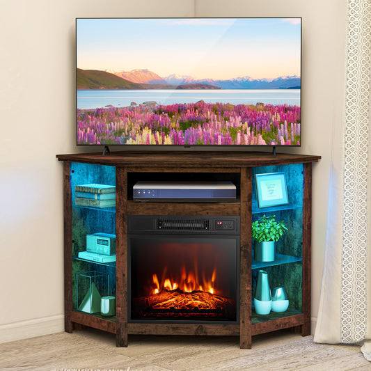 COSTWAY Electric Fireplace Corner TV Stand for TVs Up to 50 Inches, Modern Fireplace Entertainment Center with 16-Color LED Lights, Adjustable Shelves, Remote & Smart APP Control, Rustic Brown