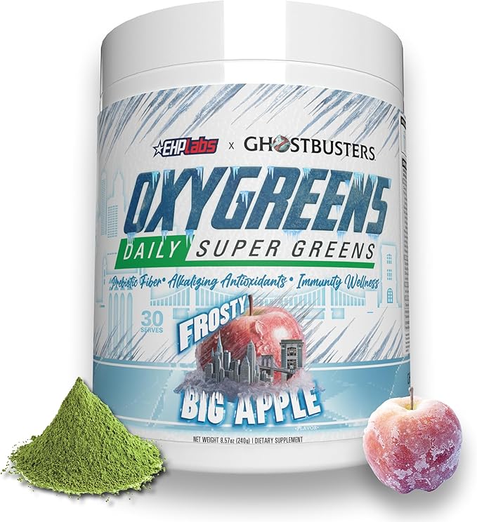 EHP Labs x Ghostbusters OxyGreens Super Greens Powder - Spirulina & Chlorella Superfood, Green Juice Powder with Prebiotic Fibre, Antioxidants & Immunity Support, 30 Serves (Frosty Big Apple)