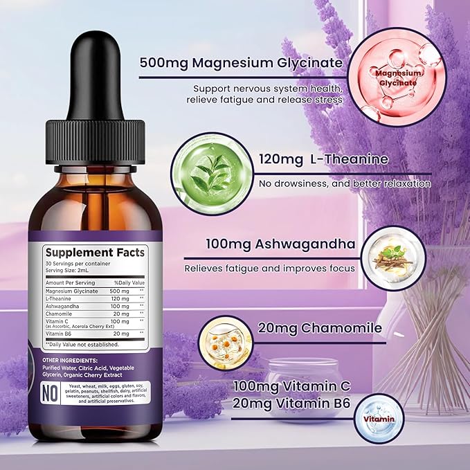 (2 Pack) Magnesium Glycinate Liquid Drops 500mg, with Vitamin B6, Ashwagandha, L - Theanine, Chamomile, Magnesium Glycinate Supplement High Absorption for Sleep, Stress, Energy Mood - Cherry Flavor