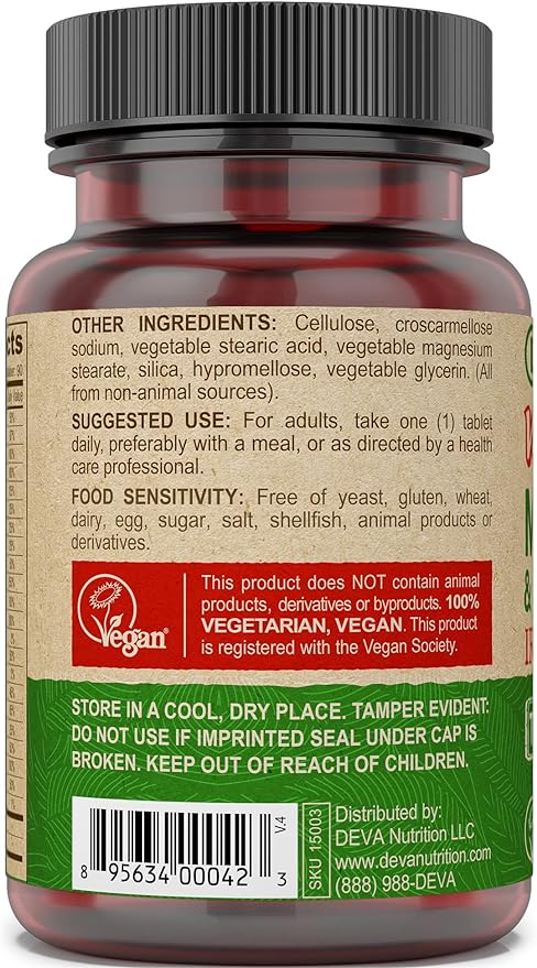 DEVA Vegan Iron-Free Multivitamin & Mineral Supplement, Vitamin C, D2, E & B-Complex, Biotin, 90 Tiny Tablets