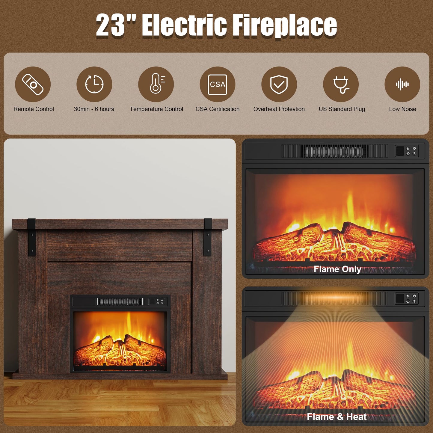 TRONLEE 23 Inches Freestanding Electric Fireplace Insert, Recessed 1400W Electric Fireplace with Built-in Timer and Thermostat, Remote Control Adjustable Temperature, 24.2"x5.1"x17.5"(23 inches)