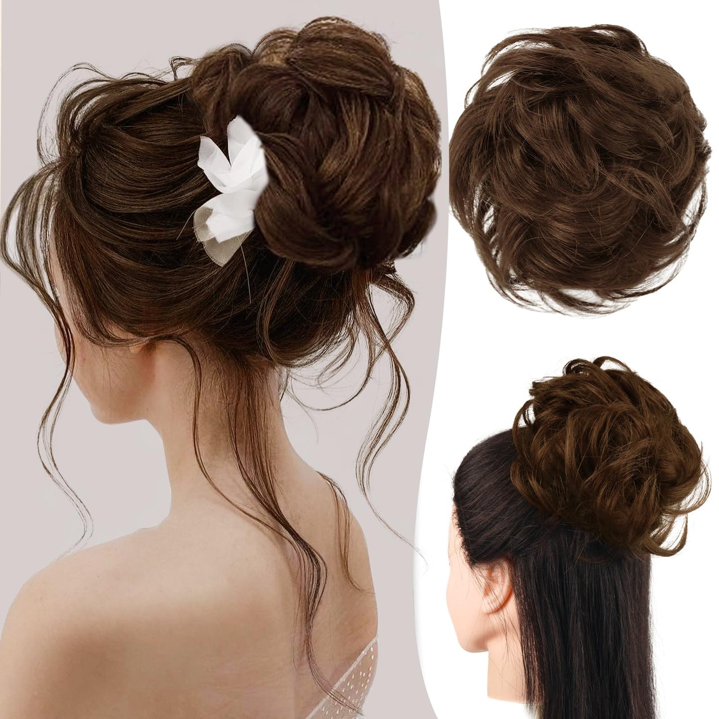 RUWISS Claw Clip Messy Bun Hair Piece Real Human Hair Buns Wavy Curly Chignon Hair Bun Extensions Updo Hair Buns Claw Clip Ponytail Hairpieces Hair Scrunchie for Women, Medium Brown 2