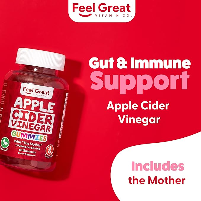 Feel Great Vitamins Apple Cider Vinegar Gummies – ACV with The Mother for Digestive Support & Daily Wellness – Vegan, Non-GMO, 60 Gummies