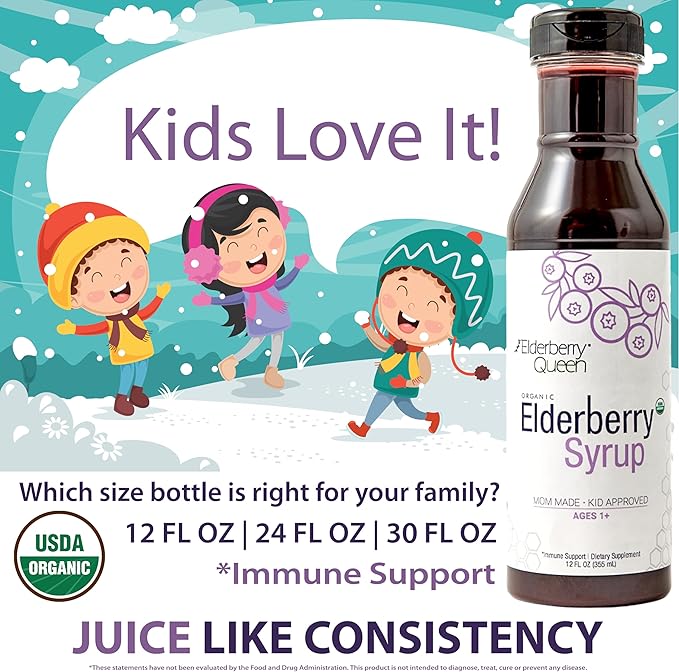 Elderberry Queen Organic Elderberry Syrup 24 Fl Oz - Immune Support Formula with Sambucus Black Elderberry & Aronia Berry - Pure Natural Certified Organic Elderberry Syrup for Kids and Adults