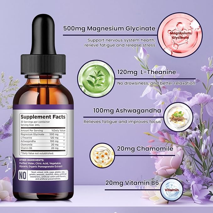 (2 Pack) Magnesium Glycinate Liquid Drops 500mg, with Vitamin B6, Ashwagandha, L - Theanine, Chamomile, Magnesium Glycinate Supplement High Absorption for Sleep, Stress, Energy - Pomegranate Flavor