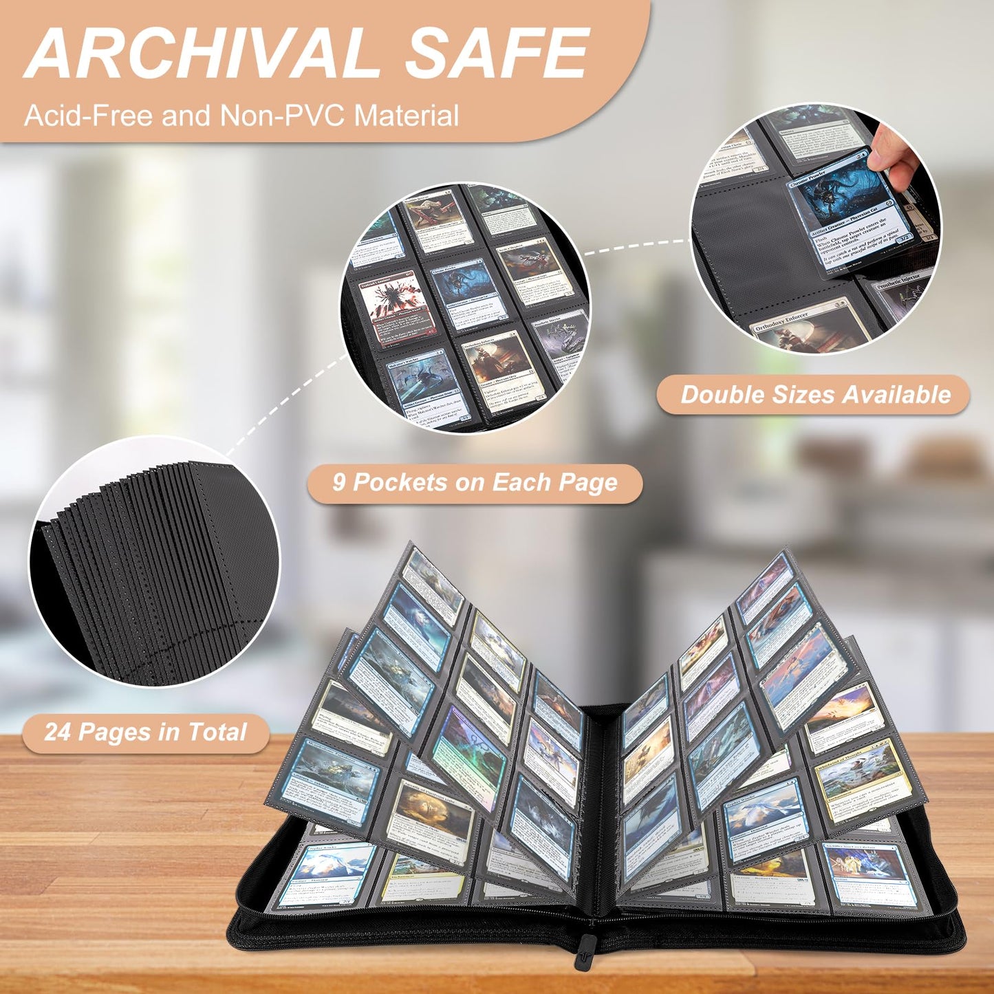 Card Binder for Trading Card 9 Pocket, TiopLior Zip MTG Card Binder with 432 Side Loading Pocket, Card Album Fit for TCG Baseball Football Sports Card, Easy to Insert Card Collection Binder Black