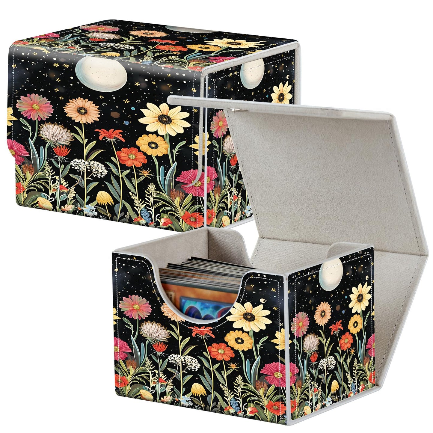 Card Deck Box for MTG Cards,100+ Single Sleeved Cards Trading Card Deck Case,Strong Magnet Magic Gathering Deck Box,PU Leather Trading Card Storage Box for TCG,CCG,MTG Cards,Moon Stars Sky Flower