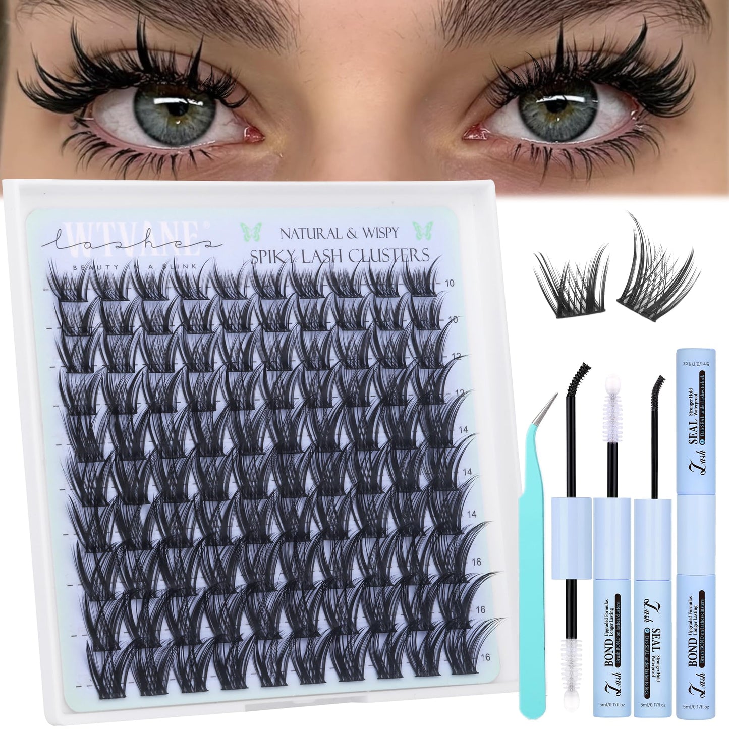 Lash Clusters Kit DIY Lash Extension Kit 10mm-16mm Cluster Eyelash Extensions C Curl Individual Lashes Manga Lashes Clusters Eyelashe Extension Kit with Lash Bond and Seal,Lash Tweezers by Wtvane