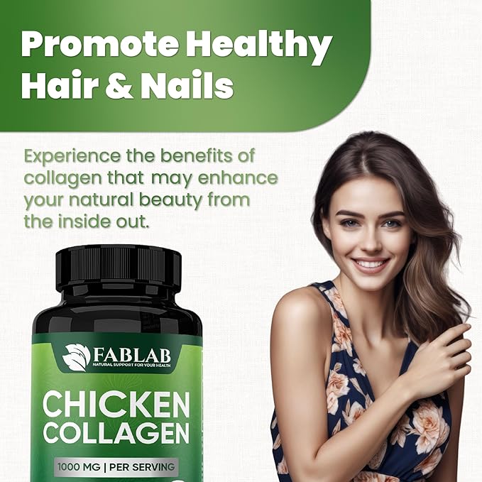 FabLab Chicken Collagen Type II Supplement - Nutritional Supplement for Joint, Nerve & Bone Support - Non-GMO, Anti-Aging Dietary Product with Hydrolyzed Peptides- 100 Capsules
