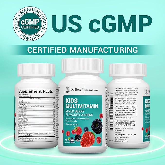 Dr. Berg Kids Chewable Multivitamins (NOT Sweetened w/Sugar) - Daily Multivitamin for Kids That Includes 20 Nutrients & Trace Mineral Complex - Mixed Berry Chewable Vitamins for Kid - Red Wafers