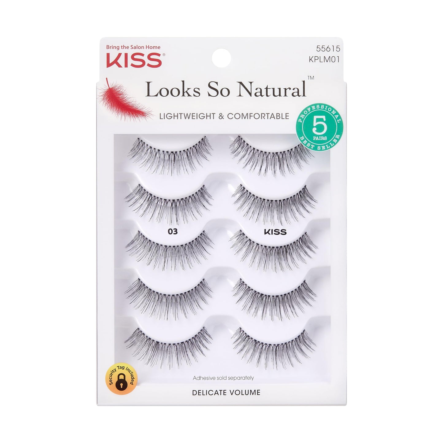 KISS Looks So Natural False Eyelashes Multipack #03, Lightweight & Comfortable, Delicate Volume, Natural-Looking, Tapered End Technology, Reusable, Cruelty-Free, Contact Lens Friendly, 5 Pairs