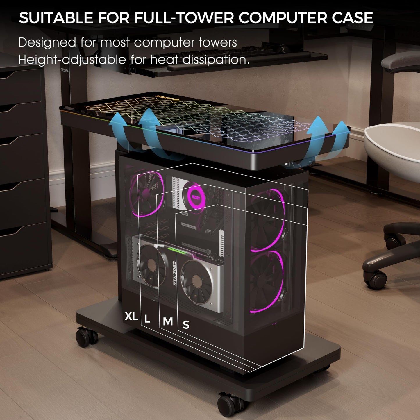 EUREKA ERGONOMIC Height Adjustable Computer Tower Stand, Illuminated Glass Panel PC Stand w/RGB Lights, 2-Tier CPU Holder Cart Under Desk, PC Floor Stand for Office Gaming, APP Control