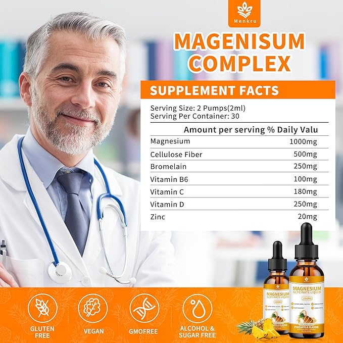 (2 Pack) Magnesium Glycinate Liquid Drops with Cellulose Fiber, Vitamin B6, C, D, Zinc, Magnesium,for Sleep, Nerve, Energy, Muscle, Bone, Calm & Digestion, High Absorption, 4 Fl oz