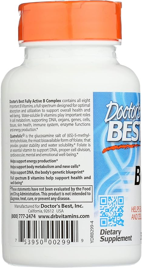 Doctors Best Fully Active B Complex Vitamin, Non-GMO, Vegan, 30 Veggie Capsule (Pack of 1)