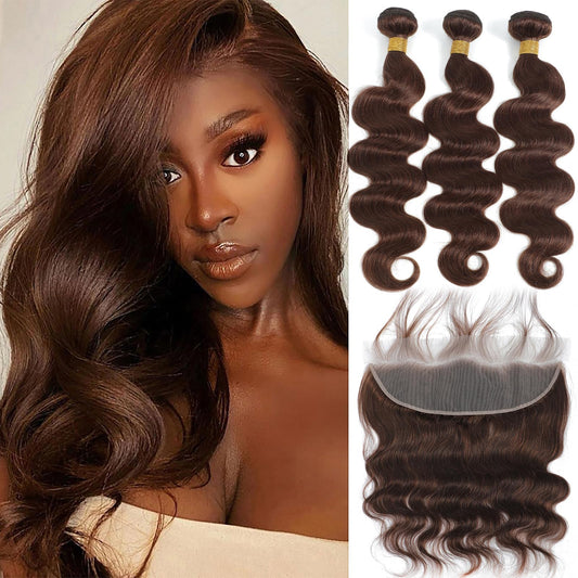 Kapelli Hair Brazilian Body Wave Bundles With Lace Frontal (22 24 26+20Frontal) 10A Light Brown Body Wave Human Hair Bundles Wit